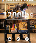 Dang Solid Heavy Duty Welding Table Workbench With 36 X 18 Inch Steel Top and Locking Casters Holds 1200 Lbs, shown in use.