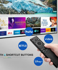 Universal Smart TV Remote Control For All LED LCD QLED UHD SUHD HDR Frame Curved 4K 8K 3D Replacement With Netflix And Prime Video Shortcuts And Extended 40 Foot Range For Easy Power On Off in hand with streaming service buttons visible.