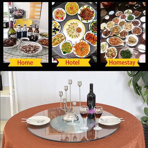 Solid Tempered Glass Lazy Susan Turntable Featuring Smooth 360 Spin And Safe Round Edge Guard on dining table with food and drinks.