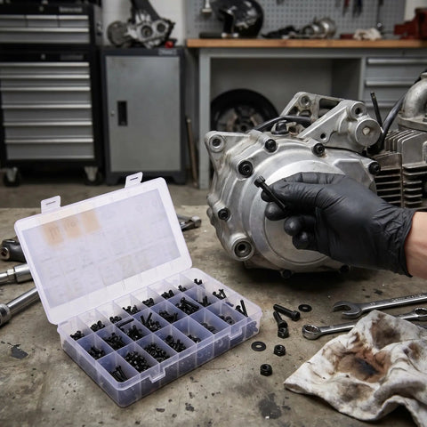 1600Pcs Metric Socket Head Cap Screws Set with Hex Allen Drive in use with engine, open storage box by side