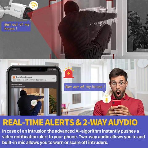 Outdoor Security Camera Bundle Two-Pack 1080P WiFi Surveillance Cameras for Home Security IP66 Weatherproof Night Vision Motion Detection 2-Way Audio Cloud Storage Alexa Compatible No-Brainer Setup image showing real-time alerts and two-way audio feature