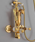 Modern Wall Mounted Shower System With Large Rainfall Shower Head And Ergonomic Handheld Sprayer Matte Black Bathroom Faucet Set Badass Finish With Hella Smooth Flow And Water Saving Filter That Truly Slaps Your Daily Routine, gold finish faucet with feather design and crystal knobs.