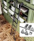 Smooth As Butter Library Ladder Track Hardware Kit with heavy duty floor guide wheels on green bookshelves.