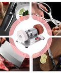 Compact No Fuss Mini Bench Grinder With A 2 76 Inch Wheel And Vibration Dampening Base in kitchen setting sharpening knives and scissors.