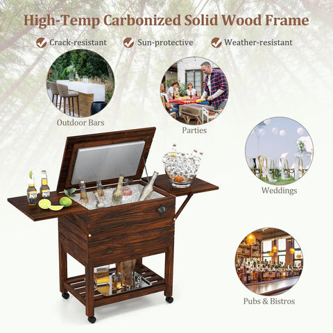 54-Quart Rolling Cooler Cart With Two Drop Leaf Tables Built In Bottle Opener Pine Wood Outdoor Beverage Cooler On Wheels