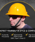Man wearing yellow Solid Full Brim Hard Hat With ABS Construction And Ventilated Safety Design OSHA Approved Work Helmet