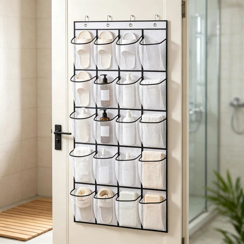 Over The Door Shoe Rack With 28 Spacious Pockets For Max Storage Capacity Breathable Mesh Hanging Shoe Organizer mounted on a door.