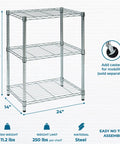 Heavy Duty 3 Tier Adjustable Wire Shelving Unit Slick Chrome Steel Storage Rack For Kitchen Garage Pantry Closet Built Tough To Handle Heavy Loads Up To 250 Lbs Per Shelf Rock Solid Pick 24 By 14 By 30 Inches showing dimensions and features.