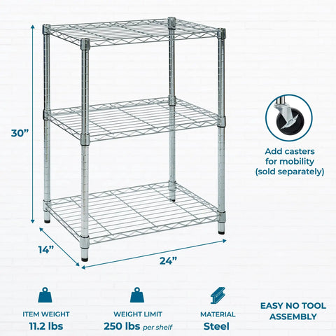 Heavy Duty 3 Tier Adjustable Wire Shelving Unit Slick Chrome Steel Storage Rack For Kitchen Garage Pantry Closet Built Tough To Handle Heavy Loads Up To 250 Lbs Per Shelf Rock Solid Pick 24 By 14 By 30 Inches showing dimensions and features.