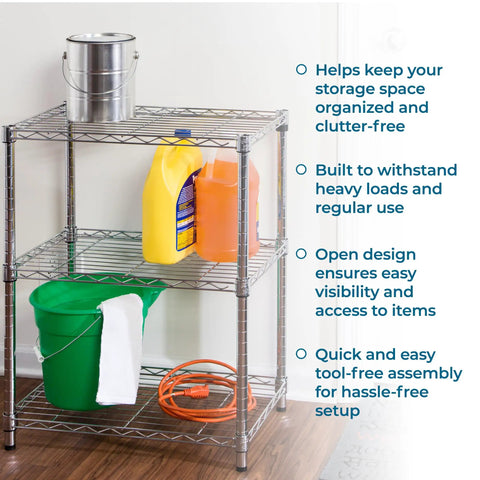 Heavy Duty 3 Tier Adjustable Wire Shelving Unit Slick Chrome Steel Storage Rack For Kitchen Garage Pantry Closet Built Tough To Handle Heavy Loads Up To 250 Lbs Per Shelf Rock Solid Pick 24 By 14 By 30 Inches with cleaning supplies.