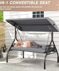 Woman lounging on three seat outdoor porch swing chair with adjustable canopy two in one convertible backrest into bed