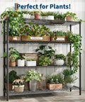 Rock Solid 4 Tier Metal Storage Shelves Heavy Duty Industrial Grade Garage Organization Rack 47 Inches Wide loaded with plants and pots.