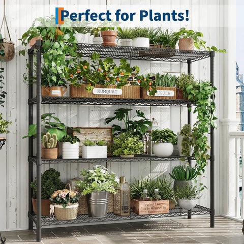 Rock Solid 4 Tier Metal Storage Shelves Heavy Duty Industrial Grade Garage Organization Rack 47 Inches Wide loaded with plants and pots.
