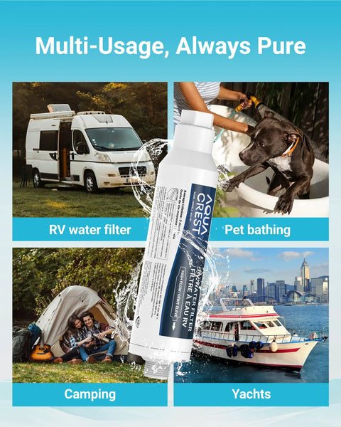 Campout Ready RV Inline Water Filter For Garden Hose And Camper Rig NSF Certified shown with RV, pets, camping, and yachts.