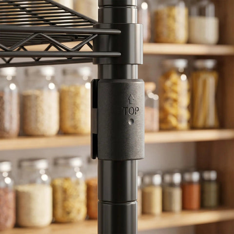 Close-up of 32 Pack Wire Shelf Clips With Plastic Locking Connectors securing wire shelving post in kitchen storage.