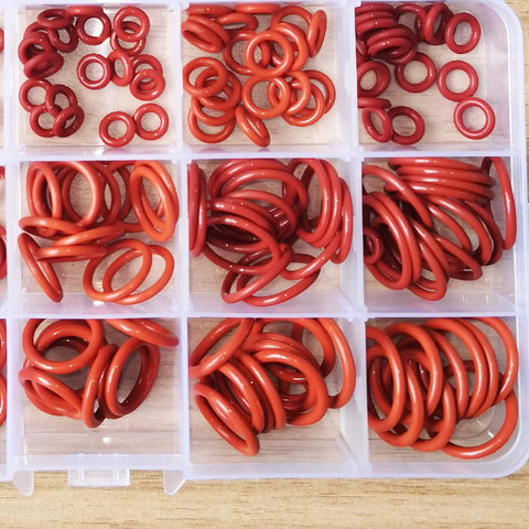225 Piece Silicone O Ring Kit With 15 Sizes From 6Mm To 30Mm In Clear Case Food Safe VMQ Seals neatly organized in a clear box