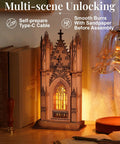 Gothic Architecture 3D Puzzle Kit For Adults With LED Lights Wooden Model Building Set Twin Tower Cathedral on bookshelf
