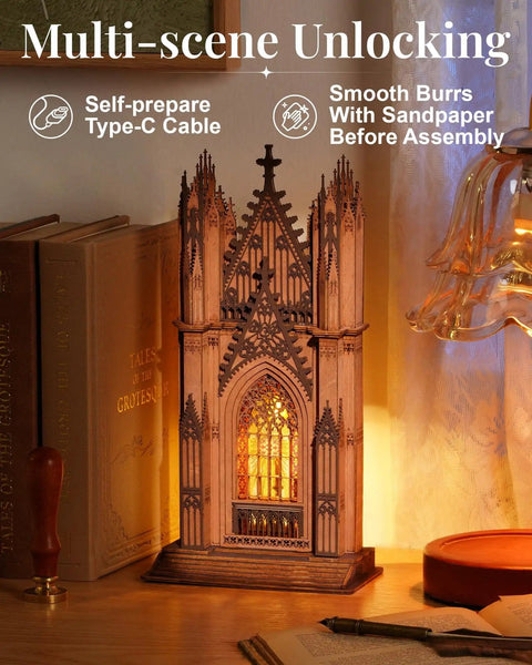 Gothic Architecture 3D Puzzle Kit For Adults With LED Lights Wooden Model Building Set Twin Tower Cathedral on bookshelf