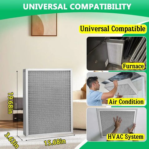 Universal Sixteen By Twenty By Four Inch Washable Furnace Air Filter Loaded With Kickass Merv Eleven Rating For No Sweat Hvac Upgrades And Heavy Duty Reusable Dust Catching displayed with dimensions in a living space.
