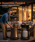 Gas Patio Heater With Wheels, Floor Standing Outdoor Heater With Round Dancing Flame And Glass Tube next to a person setting up