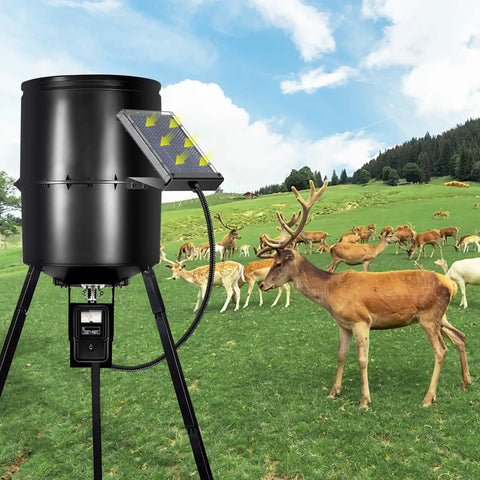 Real Deal 12V 1.8W Deer Feeder Solar Panel Battery Charger on feeder in field with deer, showcasing outdoor use.