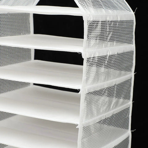 Nine Compartment Hanging Closet Organizer With Heavy Duty Hook And Washable PVC Fabric For Super Handy Clothes Storage Multi Layer Wardrobe Bag To Keep Your Dresser Clutter Free And Hassle Free, showcasing white mesh compartments.