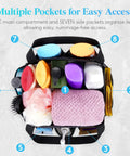 Top view of Dope Portable Mesh Shower Caddy With Seven Pockets, filled with toiletries, freestanding, black mesh and polyester.