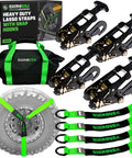 Badass Car Hauler Tie Down Straps Four Pack Two By Eight Foot Lasso Kit With Rust Resistant Snap Hooks and a storage bag.