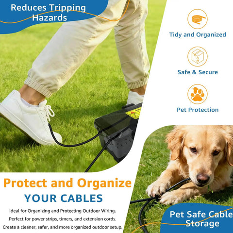 Medium Weatherproof Electrical Box For Rock Solid Power Strip Guard And Extension Cord Tidy Up With Secure Rubber Latches Rain Debris Shutoff Crafted For Backyard Projects showing power cords and a pet on grass.