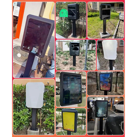 Heavy Duty Outdoor EV Charger Lock Box With Key, Badass Weatherproof IP65 Steel Enclosure To Shield Your Electric Vehicle From Elements, Lockdown Column Protector For Home Or Public Stations, Black 27.5 Inches, shown in various outdoor settings.