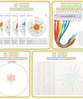 Five Piece Starter Embroidery Kit For Beginners With Boho Cross Stitch Patterns, Two Embroidery Hoops, Floss, Needles, Thread Guide, And Step By Step Instructions For DIY Rainbow Themed Projects displayed, includes patterns, hoops, threads.