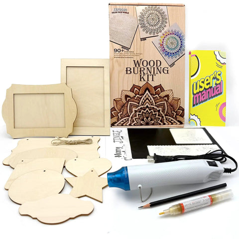 Beginner Friendly Wood Burning Kit With Markers Heat Gun Wood Slices Stencils Transfer Paper Pencil And Plaques displayed
