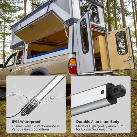 Compact Mini Linear Actuator With 4 Inch Stroke And 64 Newtons Of Raw Power shown on truck bed camper, featuring IP54 waterproof and aluminum body.