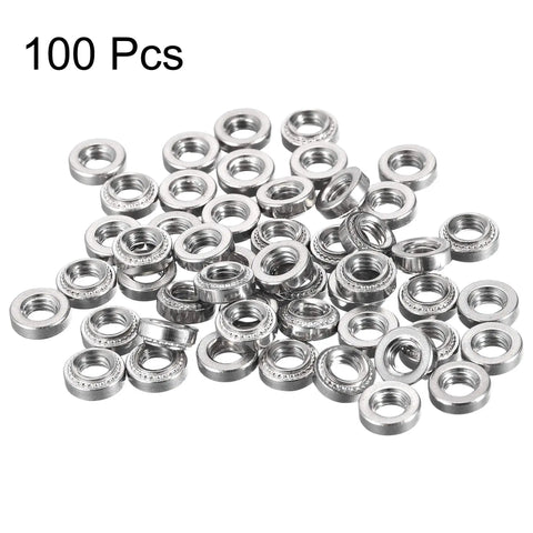 One Hundred Pack Heavy Duty Stainless Steel Round Head Self Clinching Rivet Nuts With 10-32 Threads displayed in a group.