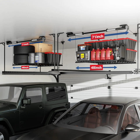 Heavy Duty Overhead Garage Storage Rack 4X4 Ft Ceiling Hoist System Adjustable Metal Organizer Holds Up To 350 Pounds with tires and bins