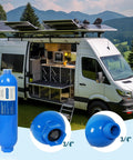 RV Inline Water Filter 2 Pack With Flexible Hose Guards in blue, ideal for campers and trailers, shown with van setup.
