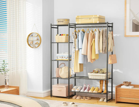 All In One Wardrobe Closet Organizer With Hanging Rod And Four Shelves Free Standing Portable Clothing Rack for bedroom