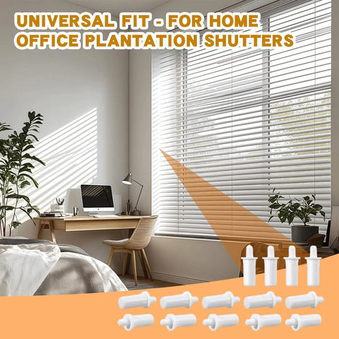 Quick Fit Spring Loaded Shutter Pins No Sweat Install Total Plantation Shutter Repair Kit Easy Drop In in a home office setting.