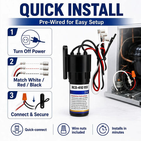 Universal 3 In 1 Compressor Hard Start Capacitor Kit For Refrigeration Systems 115 Vac 1/4 To 1/3 Hp showing installation instructions and wires.