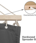 Close-up of hardwood spreader bar with countersunk holes on dark gray Standing Patio Hammock With Canopy And Foldable Stand, Portable.