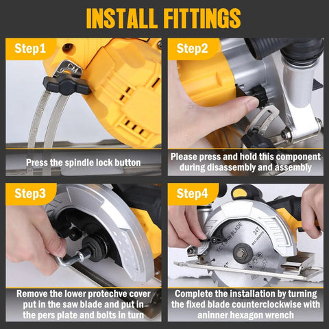 Step-by-step guide for installing fittings on Heavy Hitter 6 Inch Cordless Circular Saw Featuring Brushless Motor.