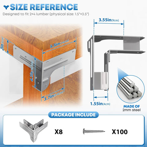 Heavy Duty Galvanized Steel 2x4 Workbench Bracket Kit with eight corner brackets for DIY projects installed on wooden workbench.