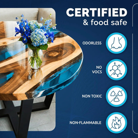 Deep Pour Epoxy Resin Kit 51 Oz for 2 Inch Pours on river table with flowers, showing certified food safe properties.