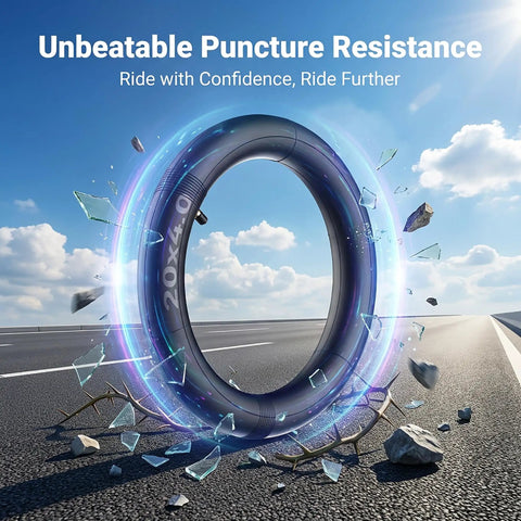 Beefy Heavy Duty Fat Bike Inner Tube 20x4.0 With Schrader Valve against a clear sky, showcasing durability and resistance.