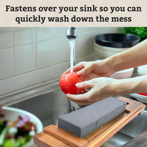 Sink Mounted Whetstone Holder For Easy Knife Sharpening No Mess Over The Sink, Warm Acacia Wood Design, holding tomato