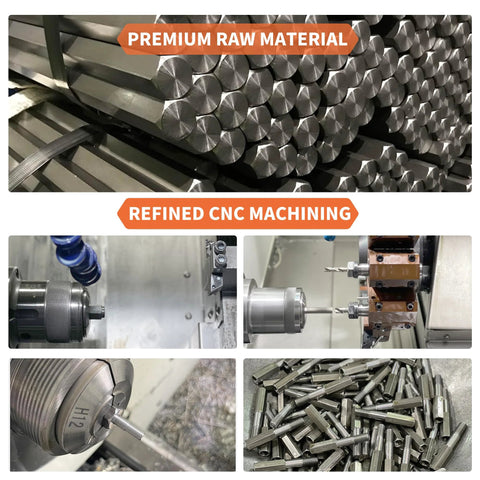 Rivet nut installation tool set, 15pcs, zinc-plated nutserts for SAE/Metric, shown with metal bars and CNC machining