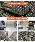 Rivet nut installation tool set with assorted 1/4-20 nuts and six tools; metal rivet nuts and CNC machining scenes