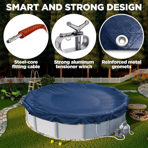 Heavy Duty 18 Ft Round Winter Pool Cover For Above Ground Pools In Navy Blue featuring steel-core fitting cable and strong aluminum tensioner.