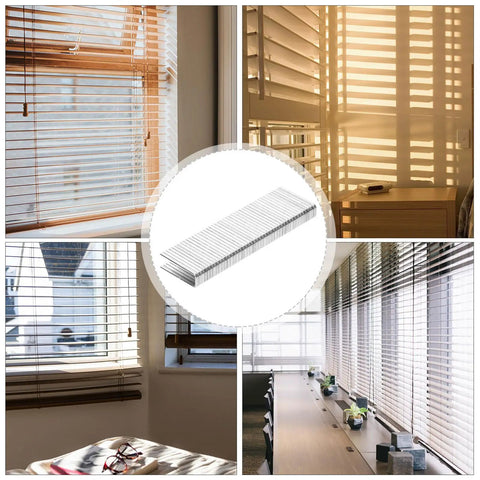 Heavy Duty 40 Piece Shutter Repair Kit With Corrosion Resistant Stainless Steel Staples Plus Tilt Rod Louver Pins For No Sweat Window Fixes That Really Get The Job Done Right, showing window blinds in various settings with stainless steel staples.