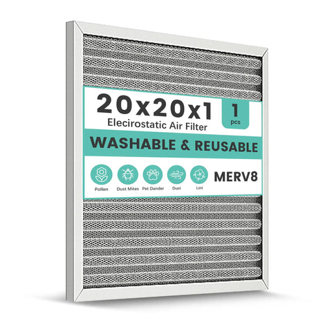 Washable Electrostatic 20X20X1 Furnace Air Filter MERV 8 shown leaning against a white background